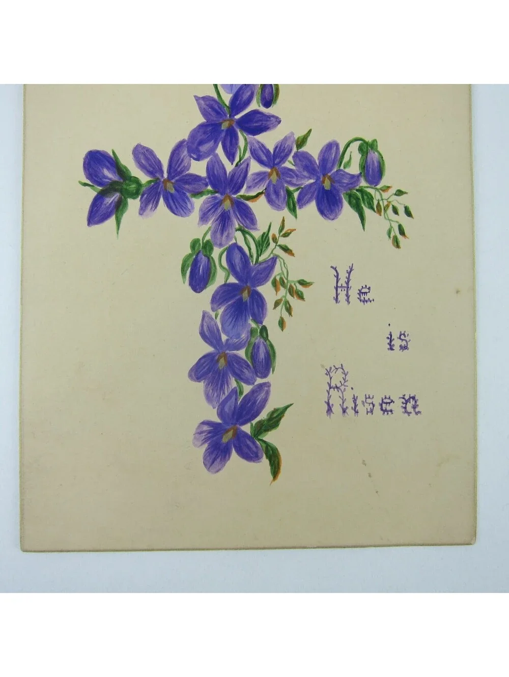 Victorian Greeting Card Easter Purple Flowers Christian Cross Ribbon Gold Edge
